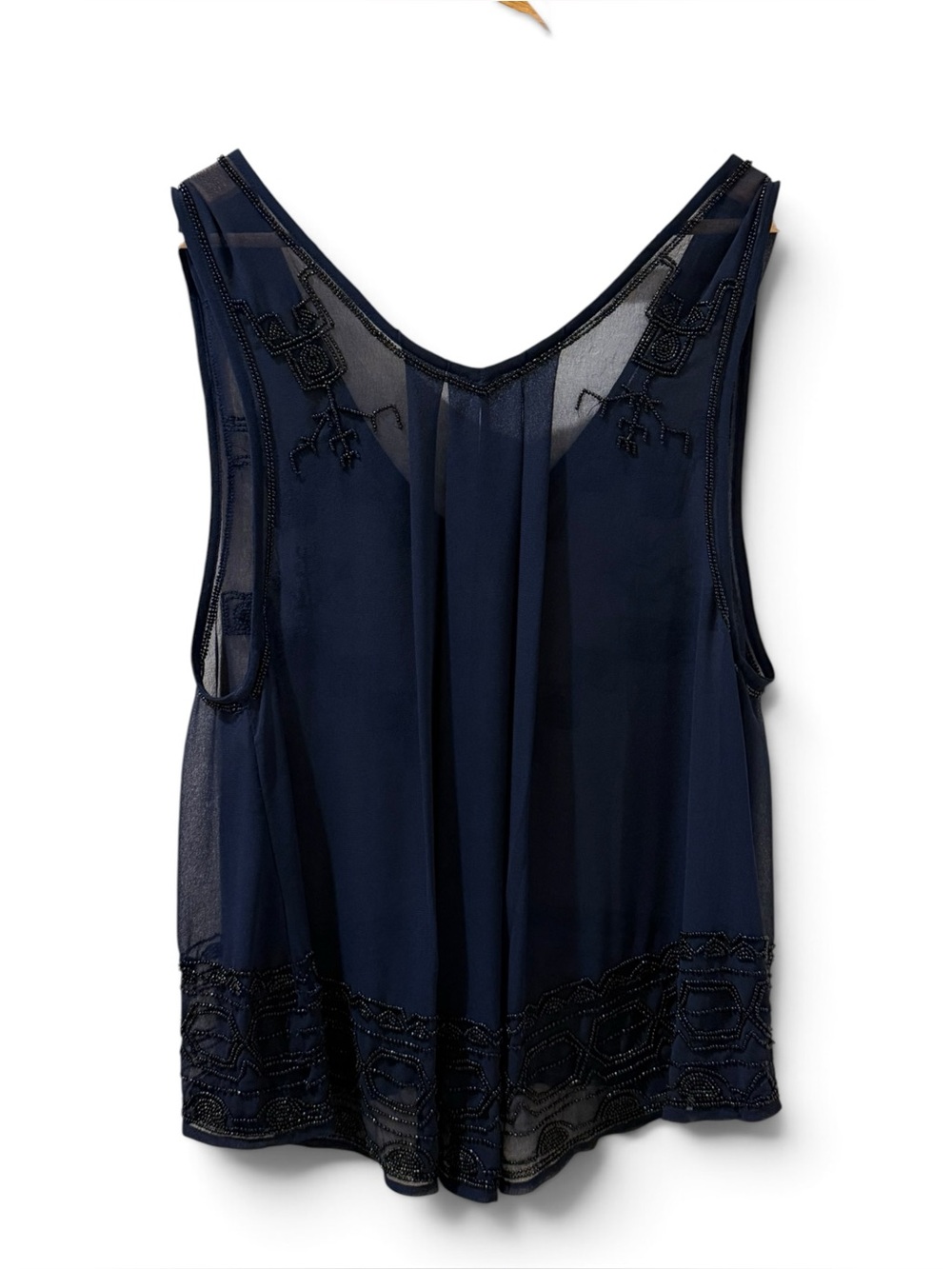 Free People Run With It Embellished Sheer Beaded Tank Navy Chiffon Boho Top L - Picture 5 of 8